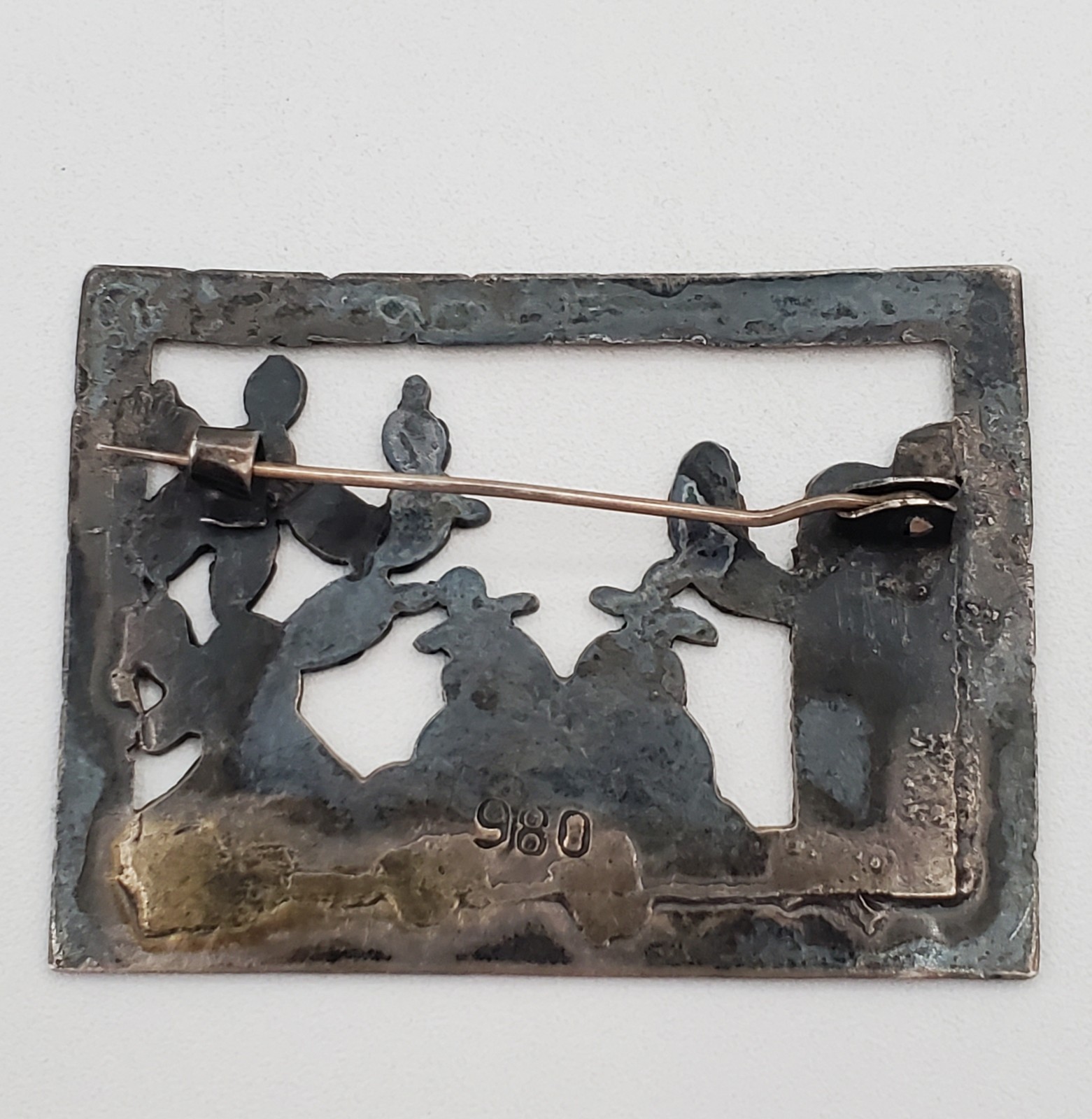Mexican 980 Silver Brooch 2in Siesta Men Cactus Scene Handmade 17.1g Fine VTG