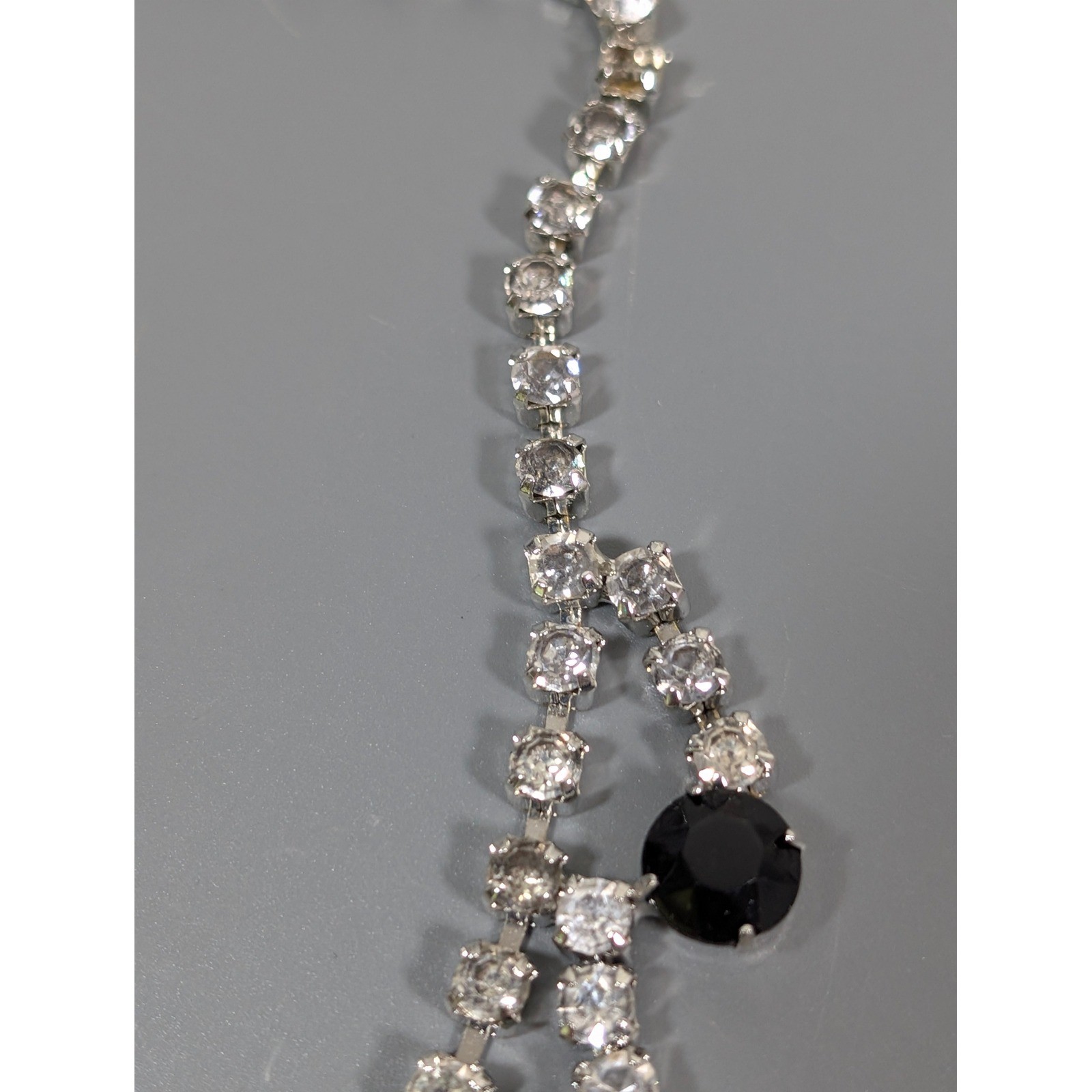 Vintage Black Clear Rhinestone Choker Necklace Silver Tone Bib Statement 15″