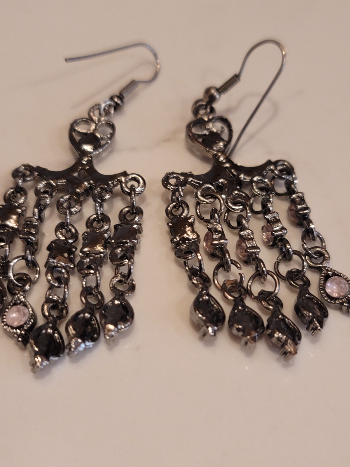 Vintage Style Chandelier Earrings Pink Rhinestone Gunmetal Dangle Boho