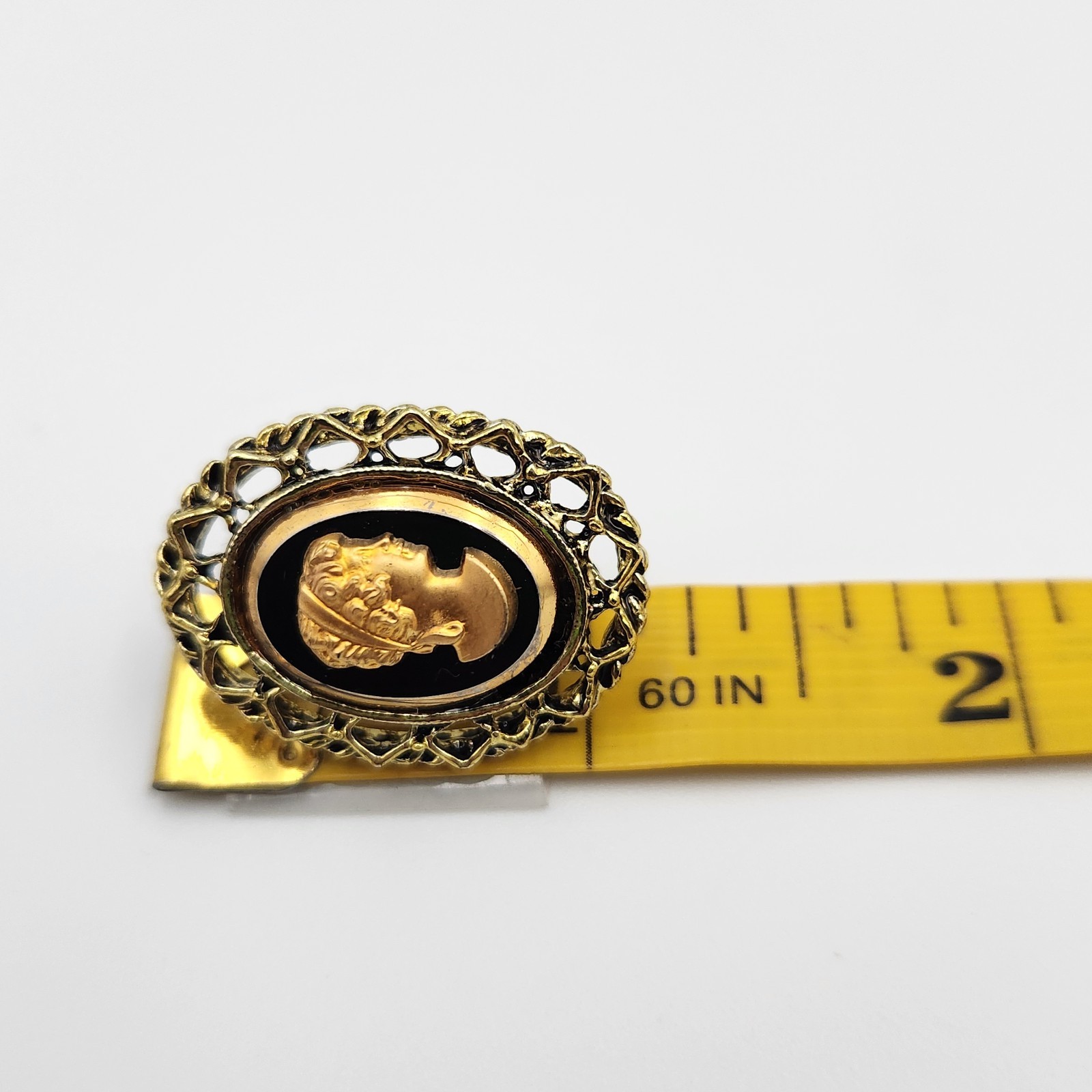 Vintage 50s Gold Tone Chain w/ Black Glass Cameo Pendant/ Brooch & Earrings Set