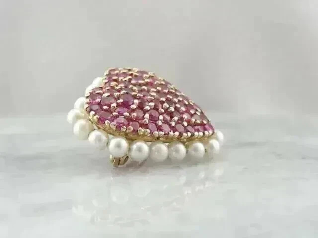 2Ct Round Lab Created Red Ruby Cluster Heart Brooch Pin 14k Yellow Gold Plated
