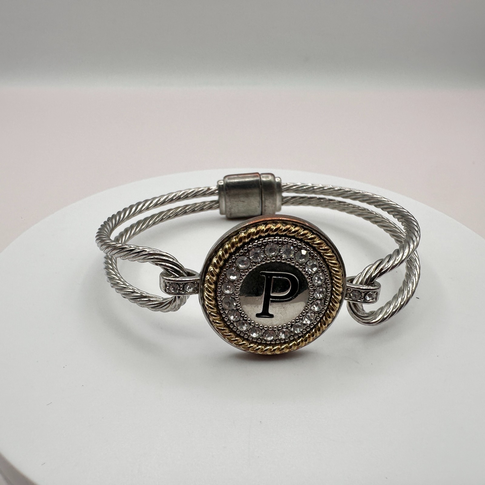 Vintage 90s Silver Tone Initial P Cable Bangle Bracelet Glass Accents Jewelry