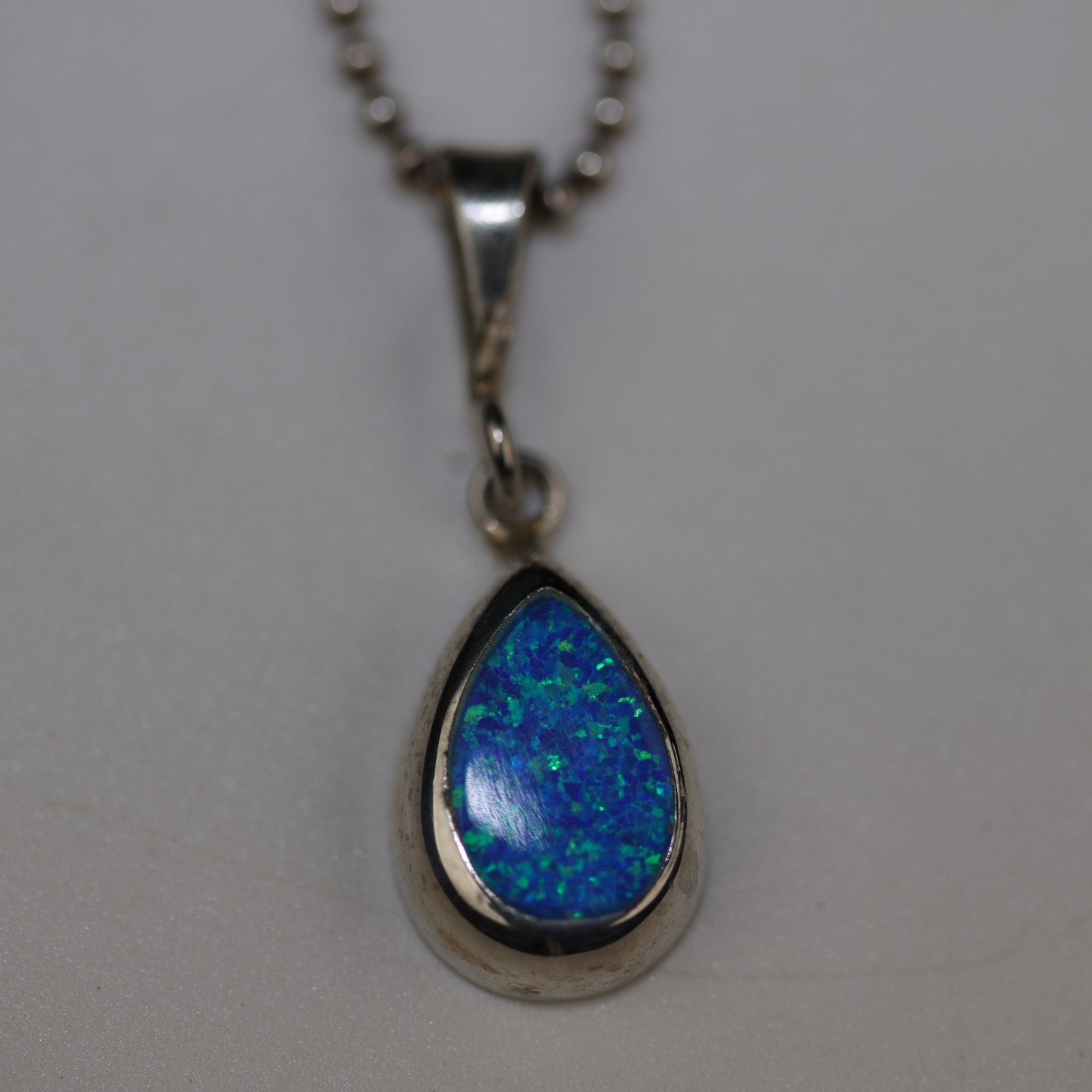 Blue Opal Teardrop Pendant Necklace Sterling Silver