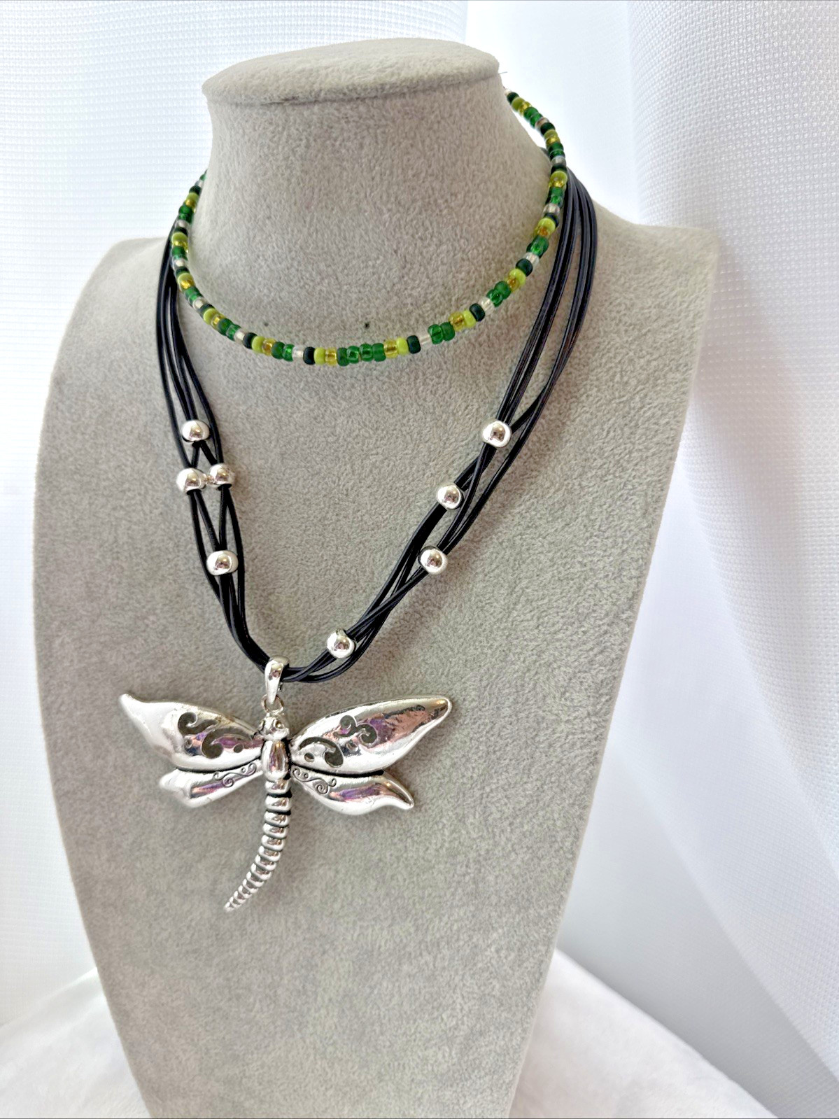 2 Necklaces LOT Girly dragonfly Y2K 1990s 2000s Silver green Jewelry costume