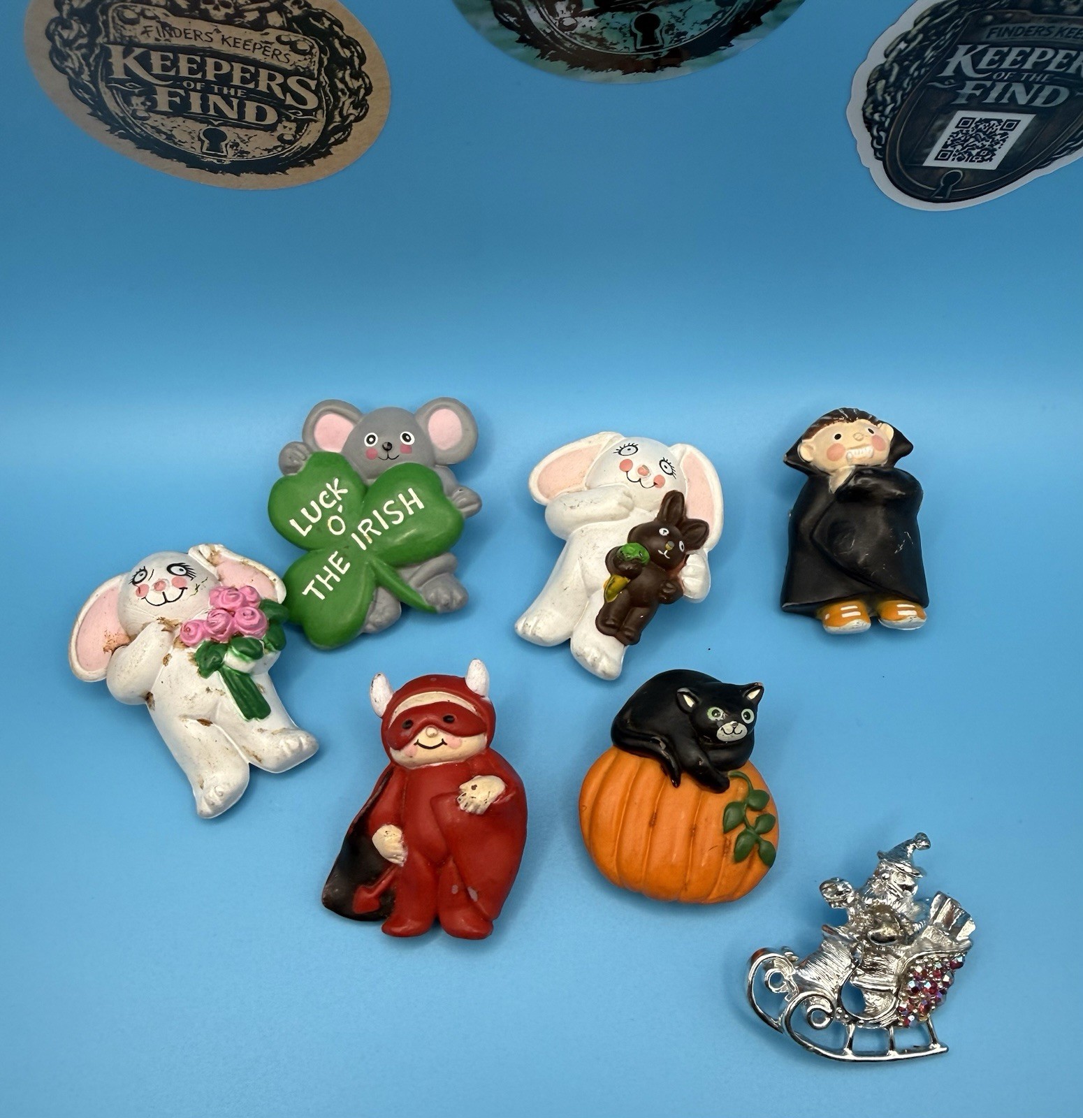 Vintage Fun World Seasonal Brooch Pin Lot 7pc Halloween Easter Christmas