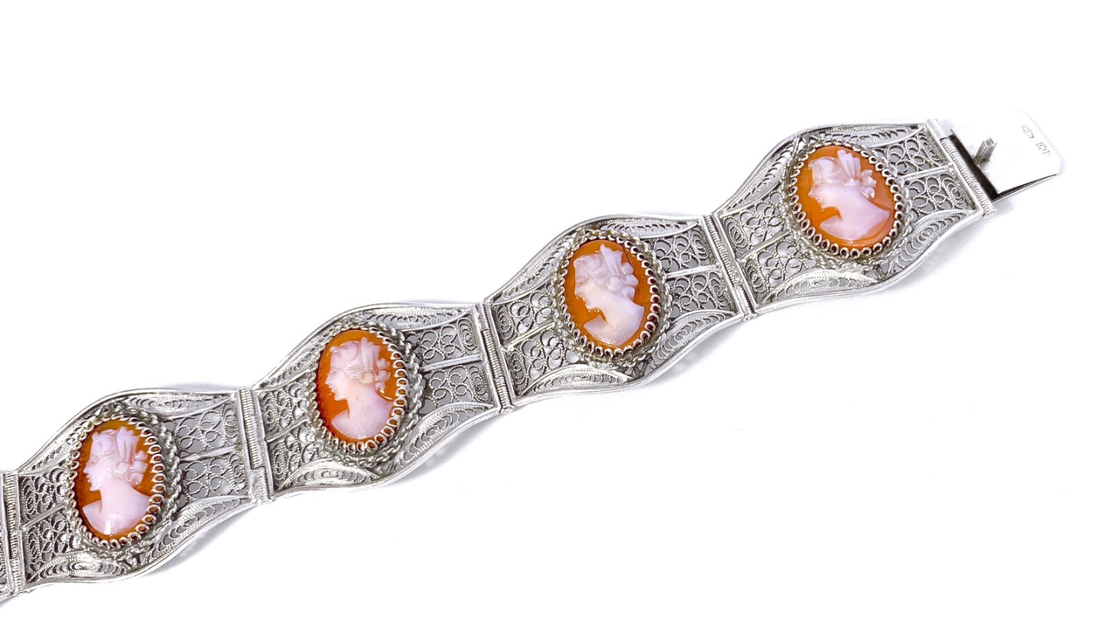 Vintage 6 Cameo Cannetille Bracelet & Cameo Earrings from Italy 800 925 Silver