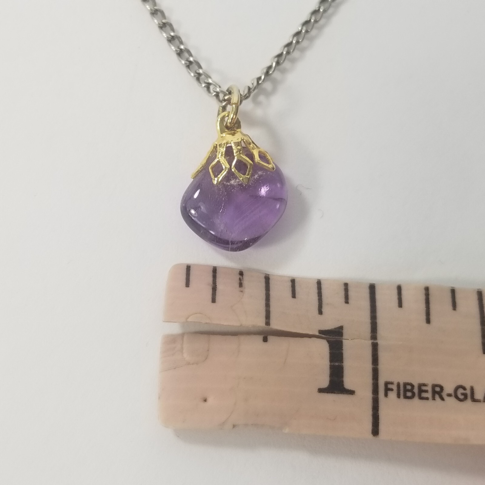 Vintage Gold Tone Purple Glass Cabochon Pendant & Silver Tone Necklace Chain