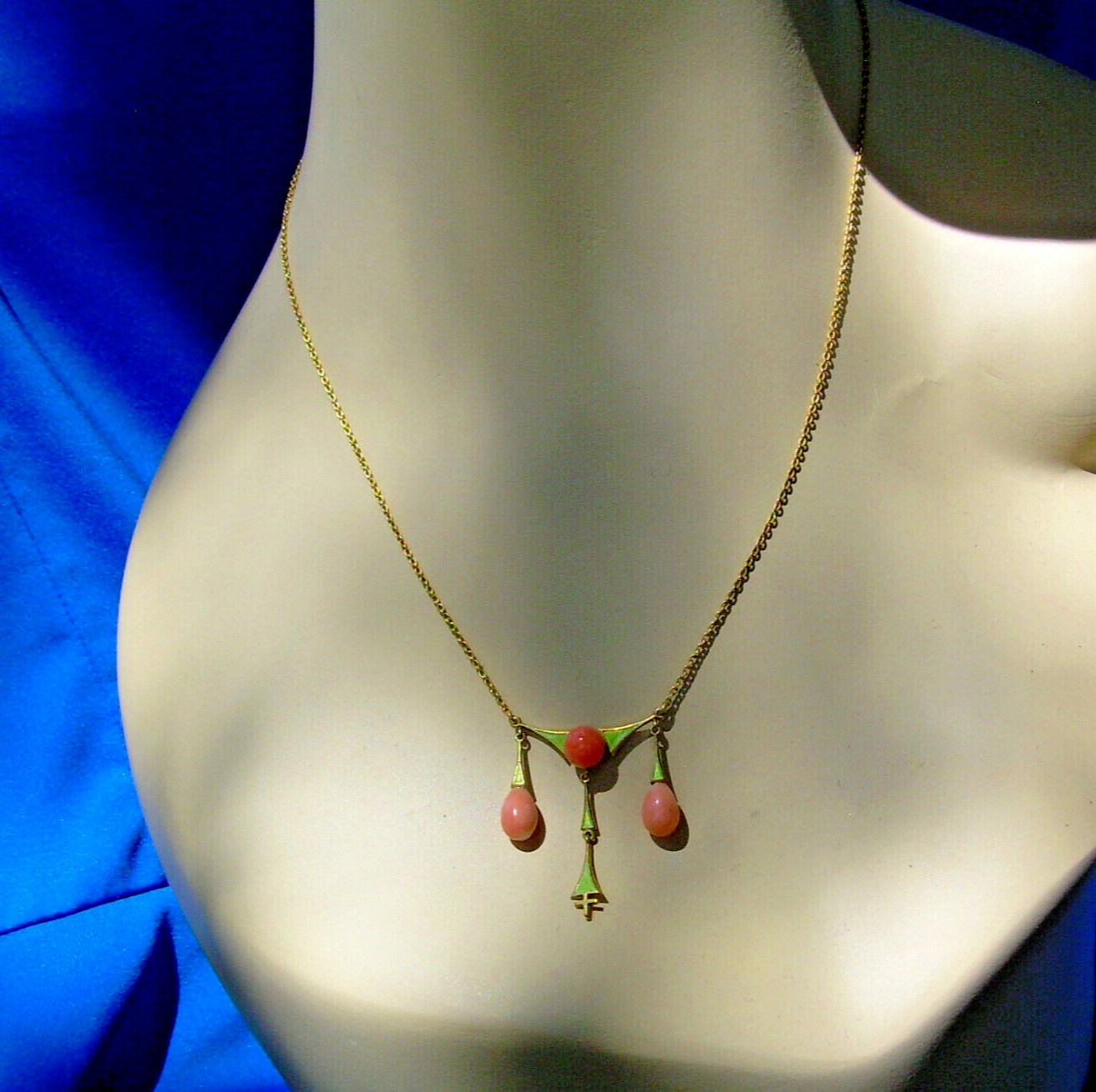 ORIGINAL Art Deco Coral Guilloche Enamel Necklace Solid 14K GOLD 18″ inch Chain