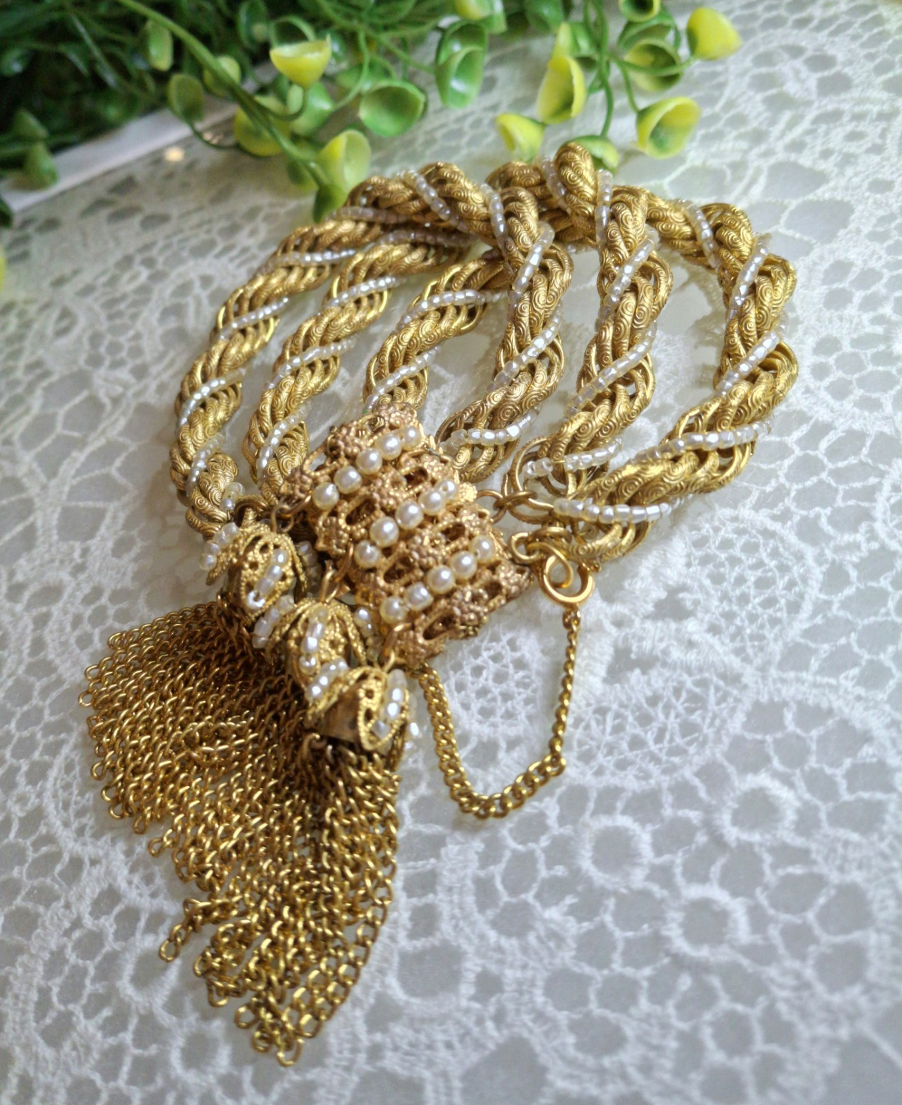 Frilly Miriam Haskell Russian Gold Chain & Seed Pearl Tassel Bracelet