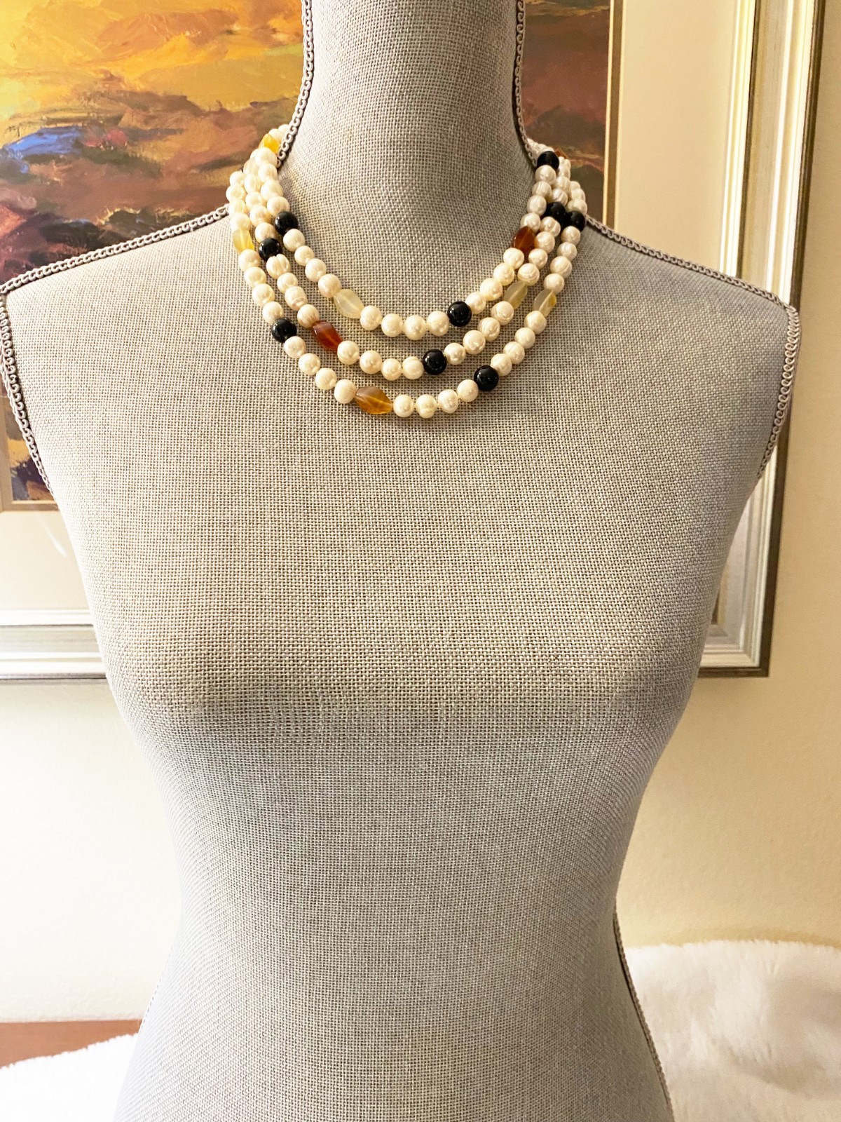 Vtg 1950s Japan Knotted Faux Pearl Multi-Strand Necklace Cream Amber Black 18″
