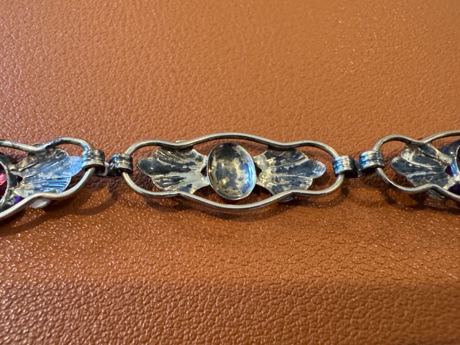 Vtg Antique Gold on Sterling Silver Bracelet w/ Faceted Purple Glass or Stones