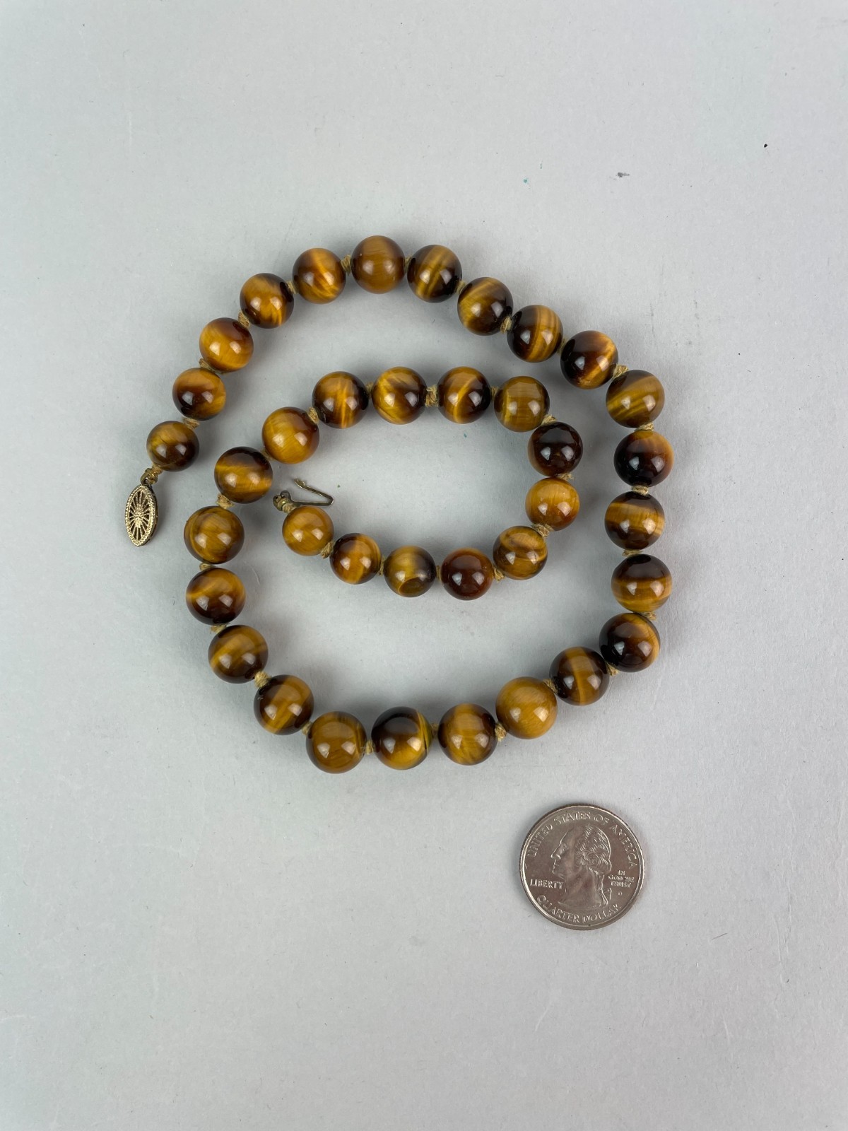 Vintage Tiger’s Eye Bead Necklace Fish Hook Clasp 18″
