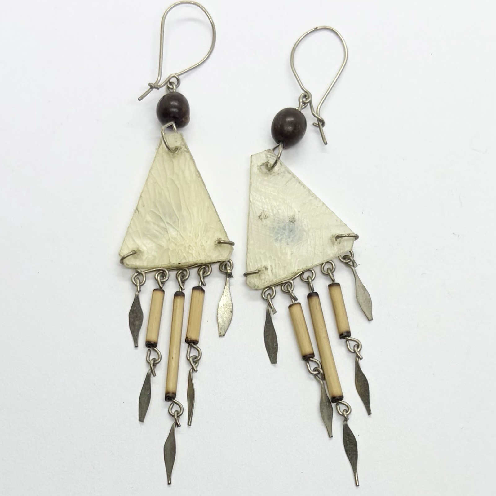 Vtg Tribal Scale Bamboo Chandelier Dangle Earrings Hook Ethnic Nature