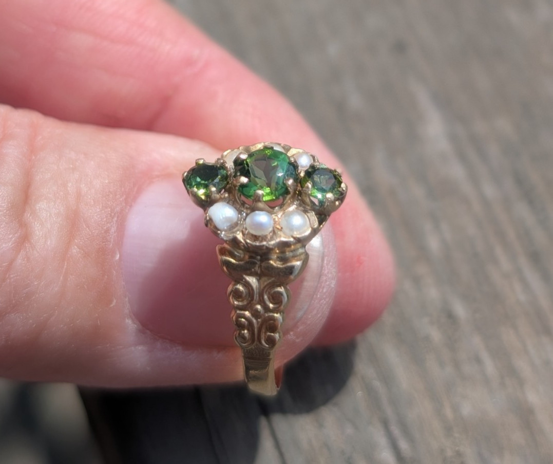 9 k rose gold Victorian ring with 3 green tourmaline and seed pearls sz6