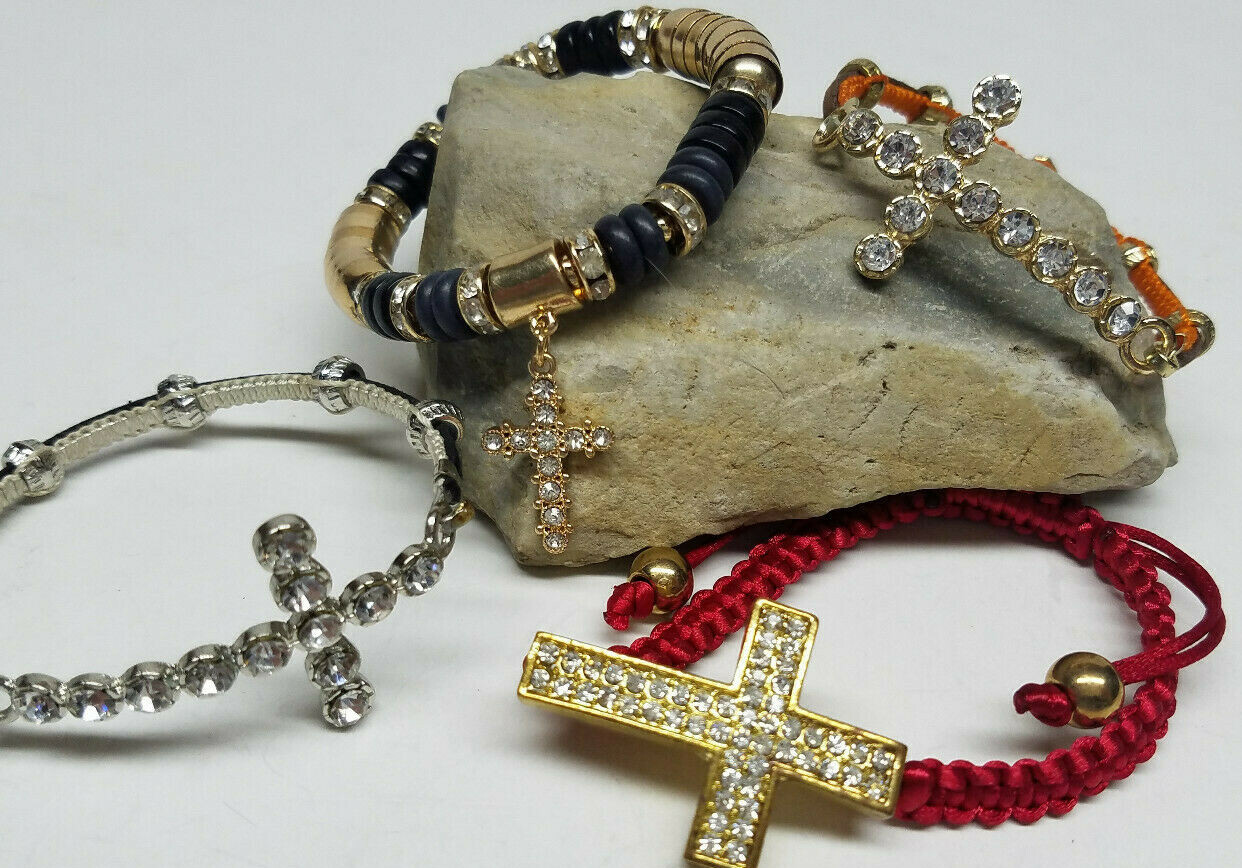 Lot of (4) Holy Cross Christian Charm Bracelets Beads Crystal Stretch Band NEW