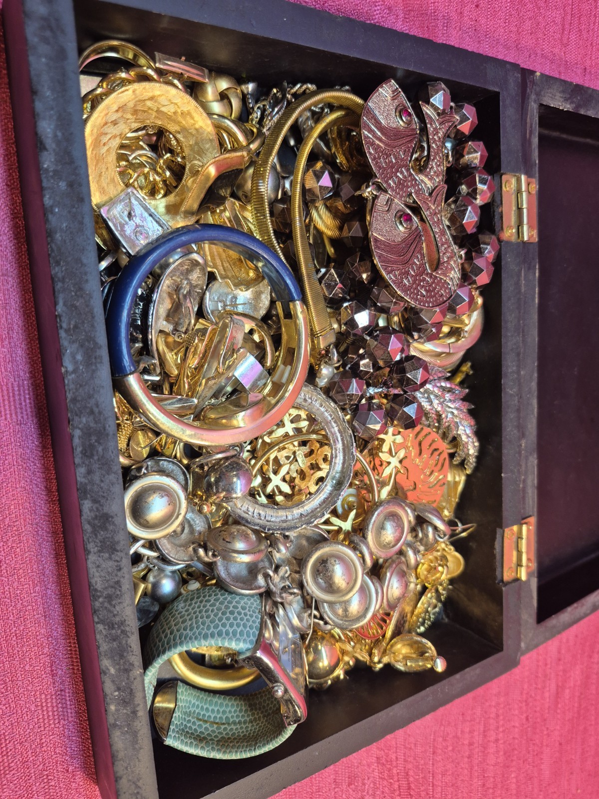 Vintage Costume Jewelry Lot w Wooden Box Mixed Singles Craft 60+ Pcs