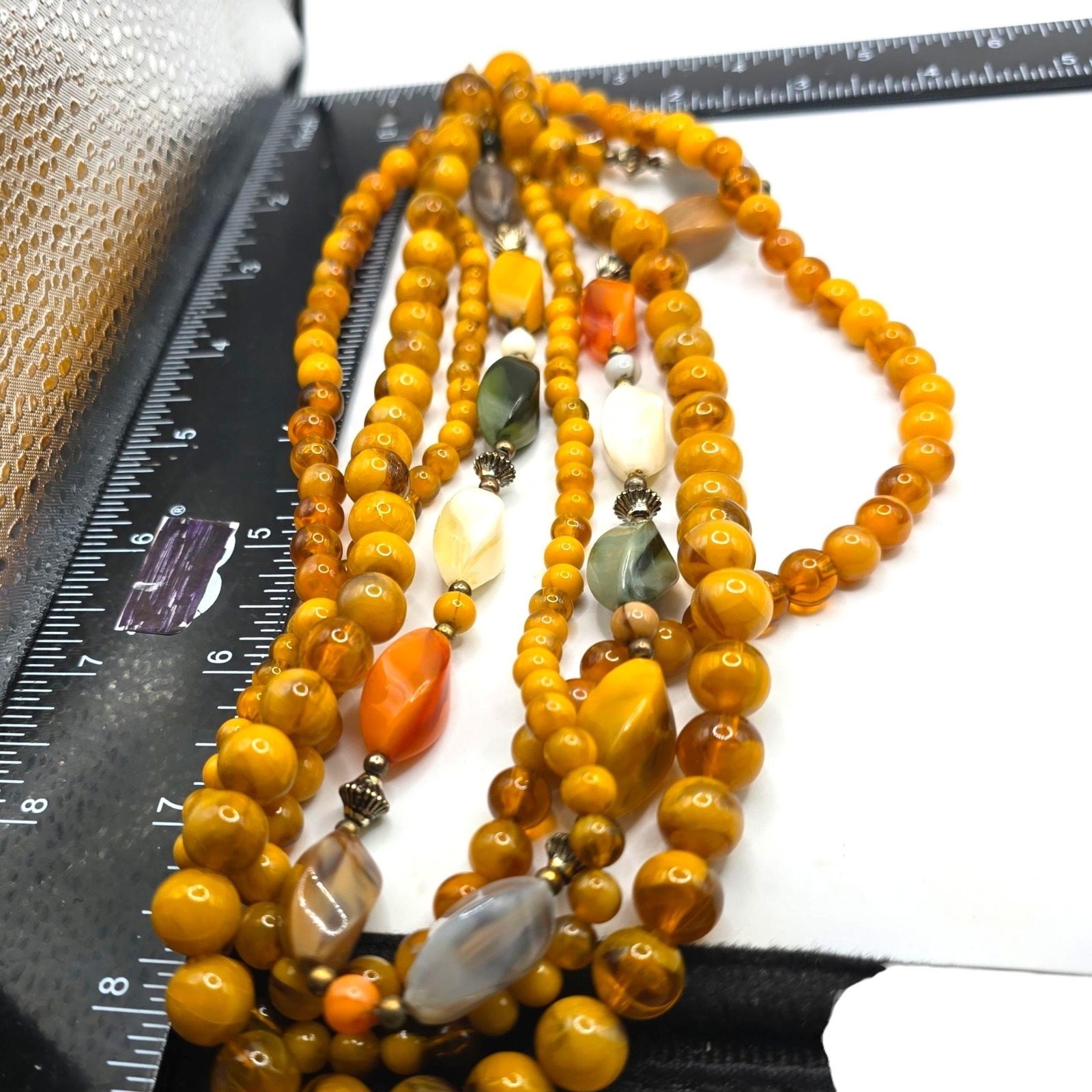 Necklace Vintage Multi Strand Beaded Orange White Lucite 18″ Retro SKU2321