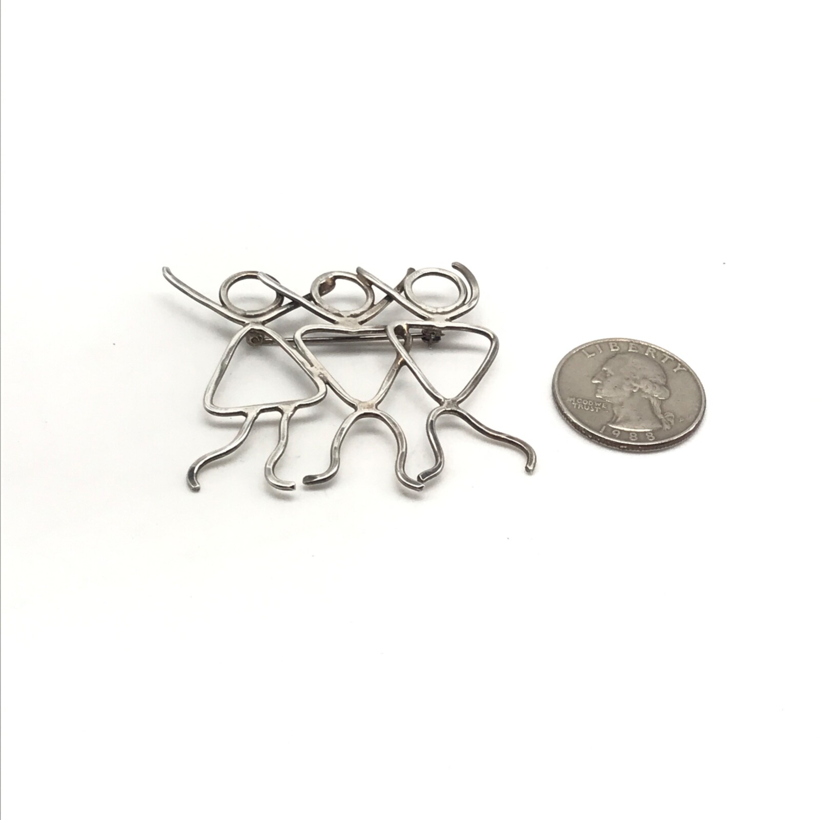 Vintage 925 Sterling Silver Modernist Three Person Stick People Brooch Pin