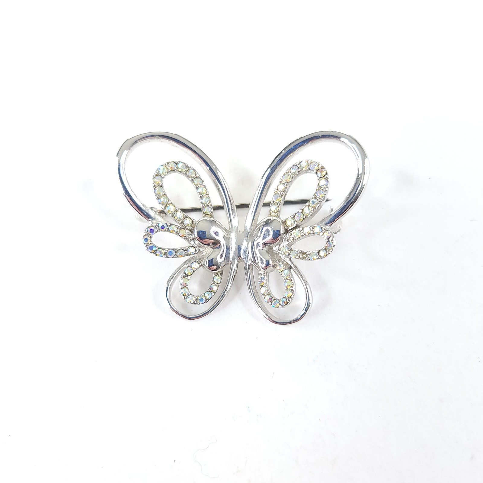 Vintage Silvertone and Rhinestones Openwork Butterfly Brooch Pin Unsigned