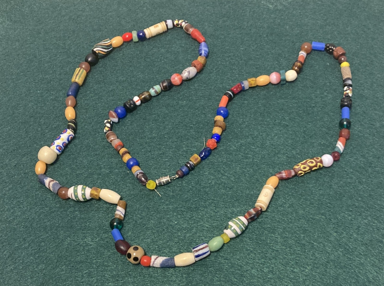 Vintage Artisan Furnace Glass Bead Cane 34″ Necklace 100 Beads Mostly Different