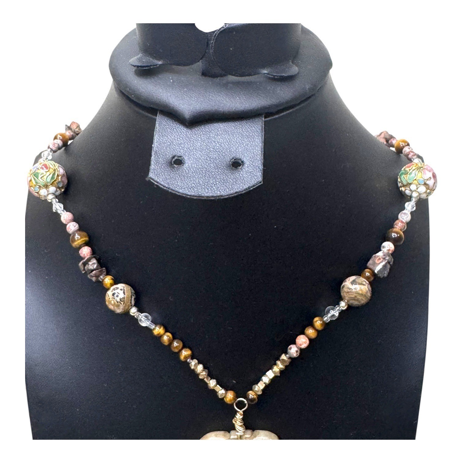 Vintage Large Carved Jade Pendant Necklace Tiger Eye Agate & Cloisonne Beads 26″