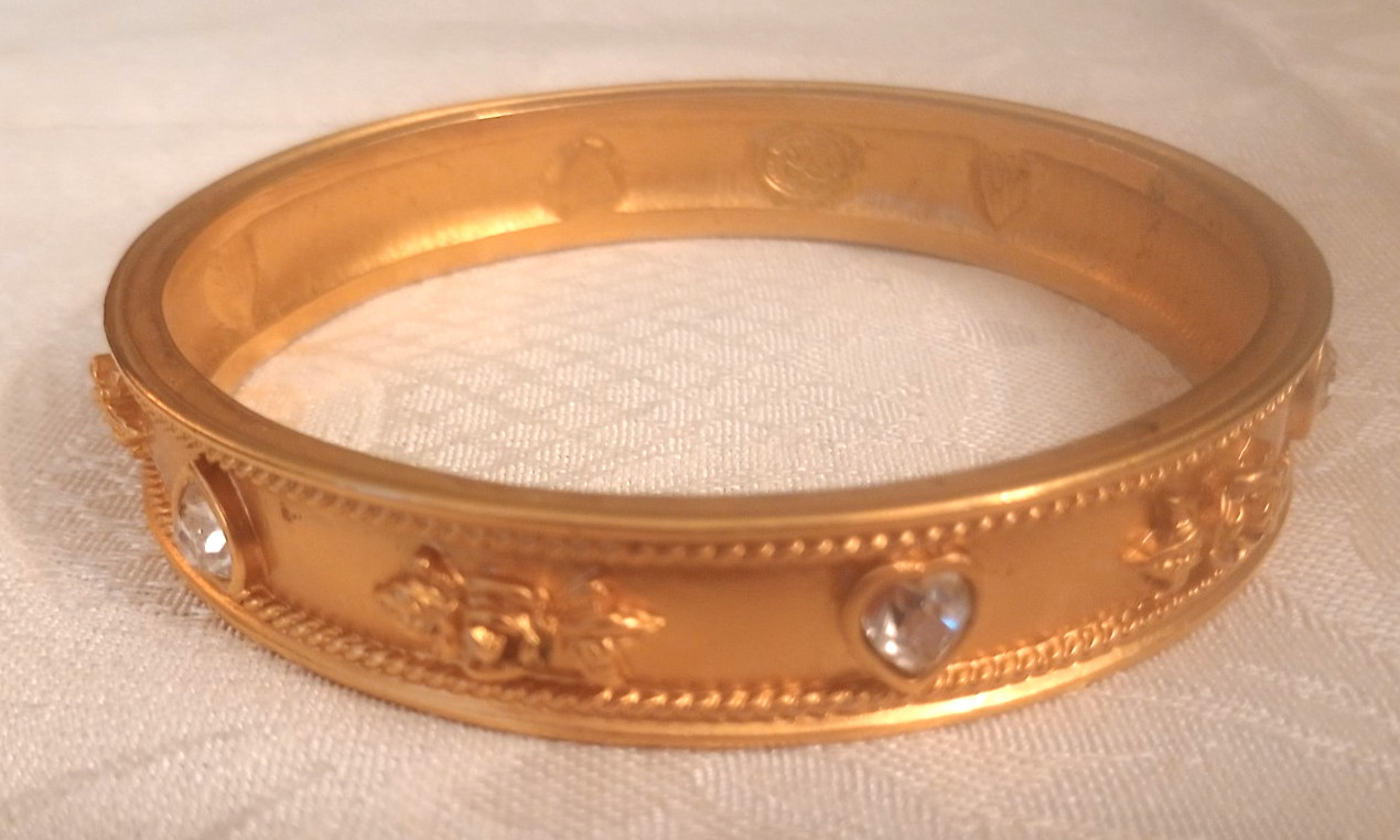Vintage Elizabeth Taylor Avon Gold Tone Flowers & Crystal Hearts Bangle Bracelet