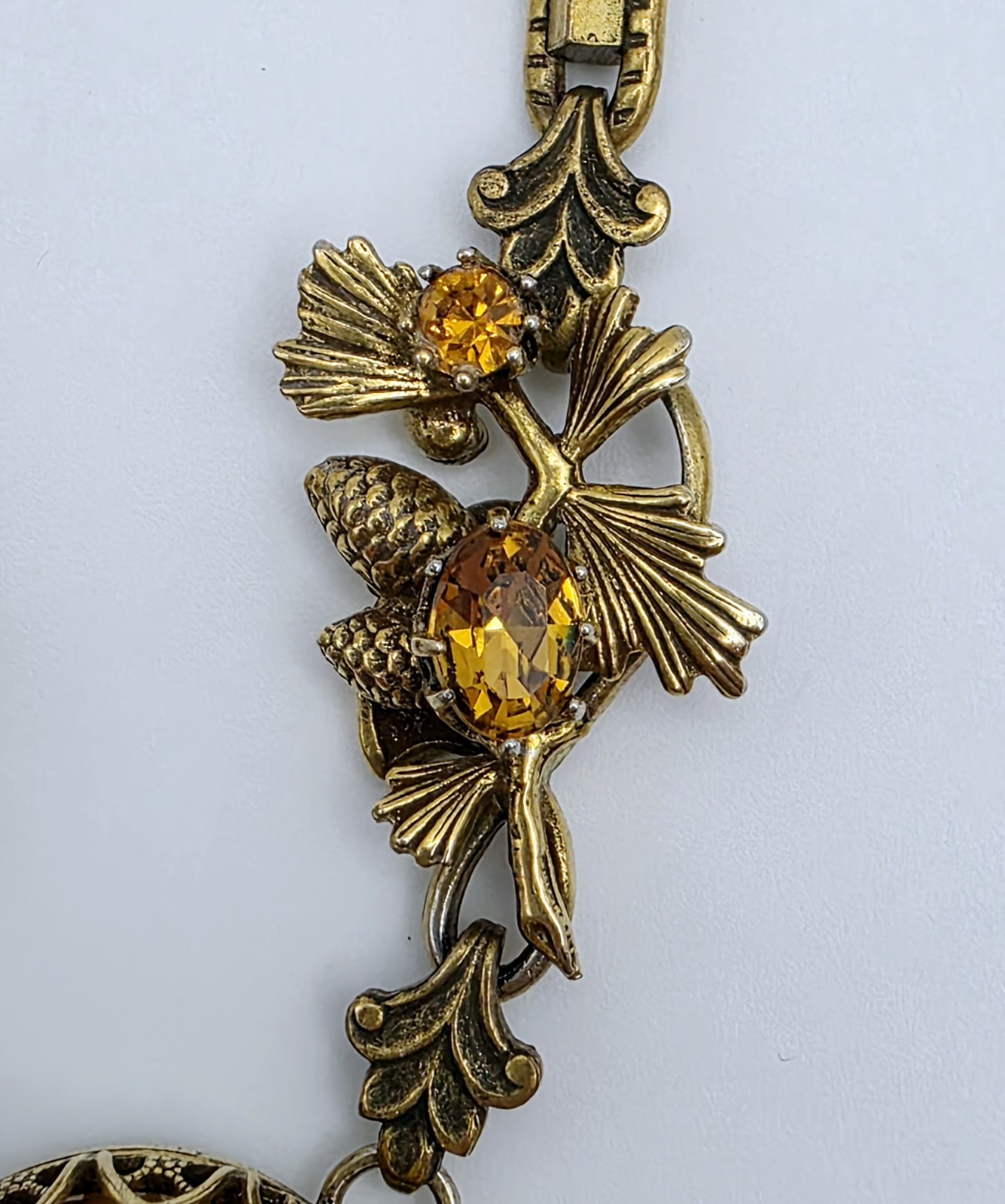 Vintage Germany Amber Glass Cabochon Tassel Pendant Necklace Rhinestone Leaf