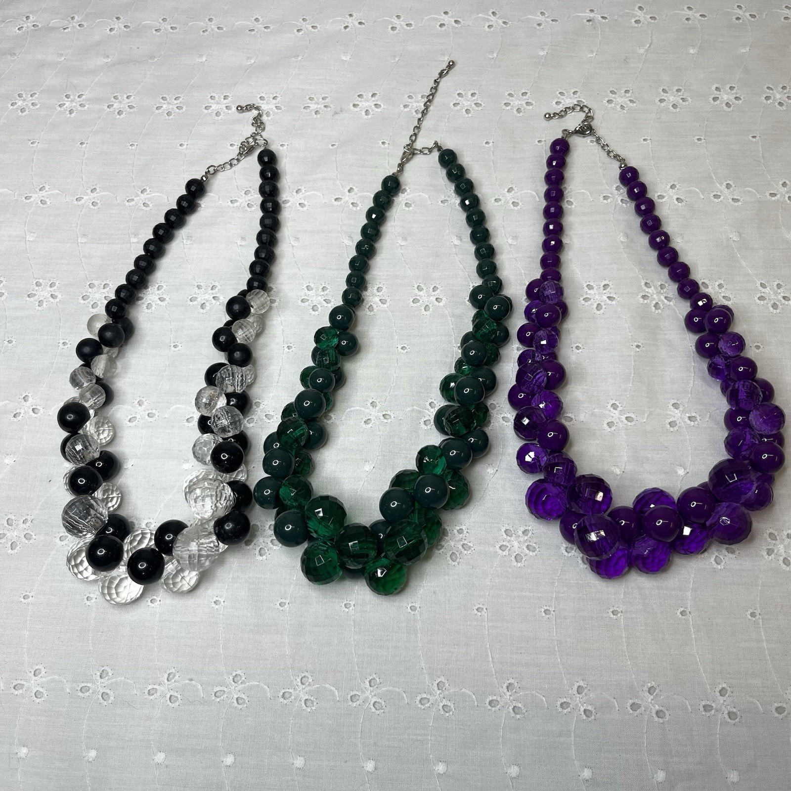 Lot of 3 Vintage Faceted Beaded Bauble Necklaces Purple Green Black White