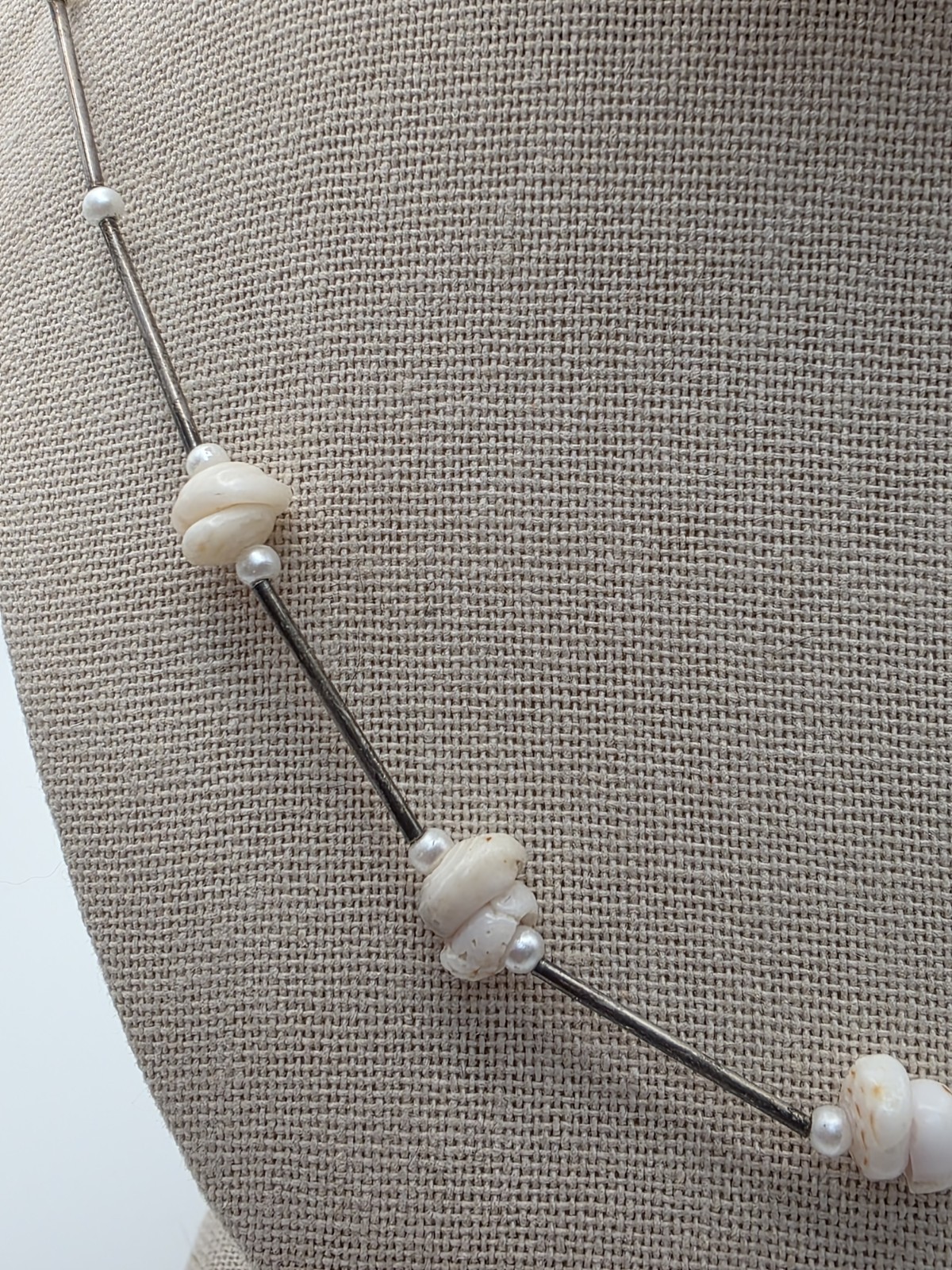 Vintage Hobe’ Necklace With Shells And Pearls Silvertone Tube Beads