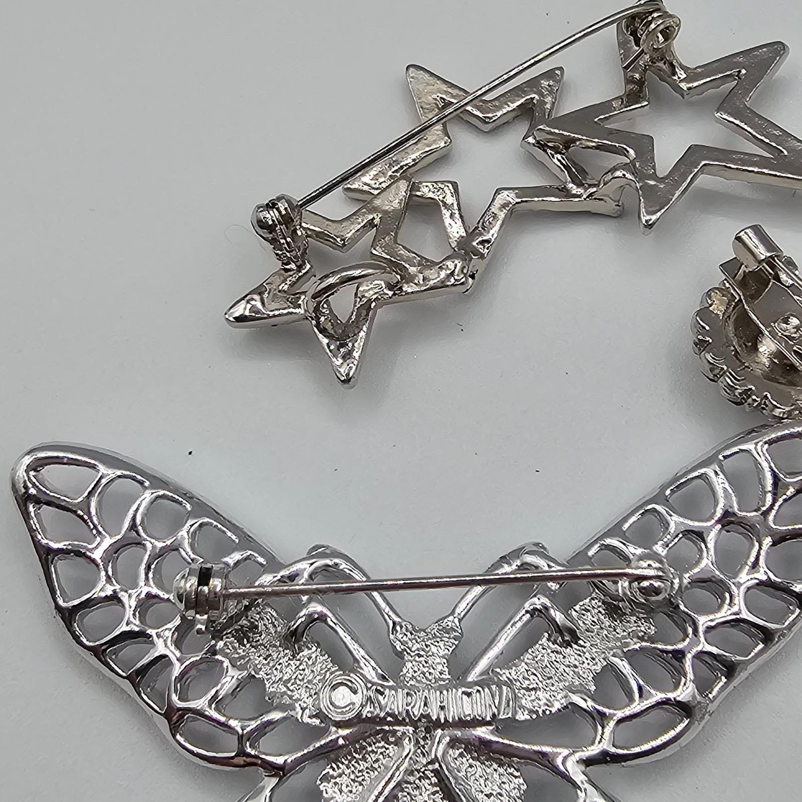 Vtg Silver Tone Brooch Pin Lot Butterfly Stars Heart Feather Rhinestone Sparkle