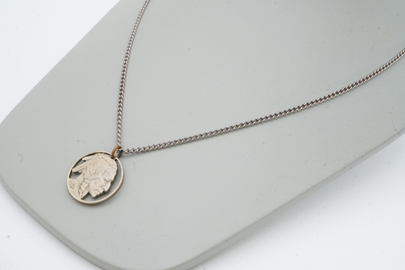 Vintage Necklace Silver Tone Carved Buffalo Nickel 24″