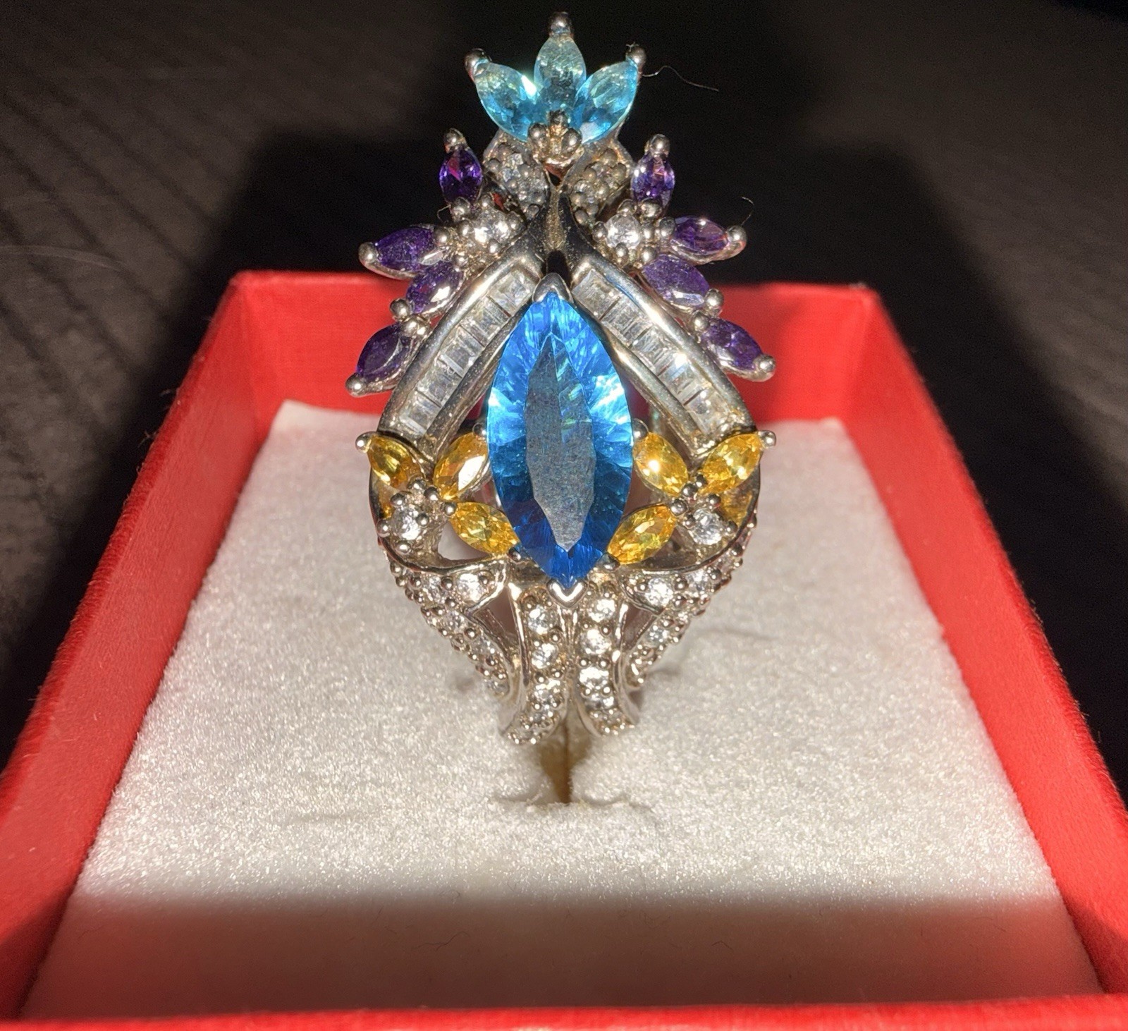 Silver Cocktail Ring with Multicolor Gemstones, Marquise Blue Center Stone