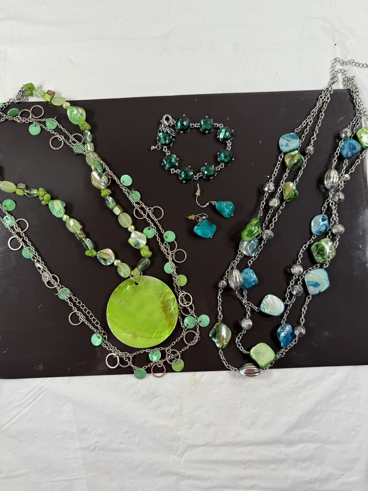 Abalone Shell Necklace Bracelet Earrings Set Pierced Vintage Blue Green 5 Pieces