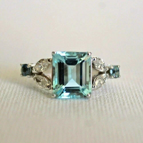 Art Deco Style Aquamarine & Lab Created Diamond Birthday 14K White Gold FN Ring