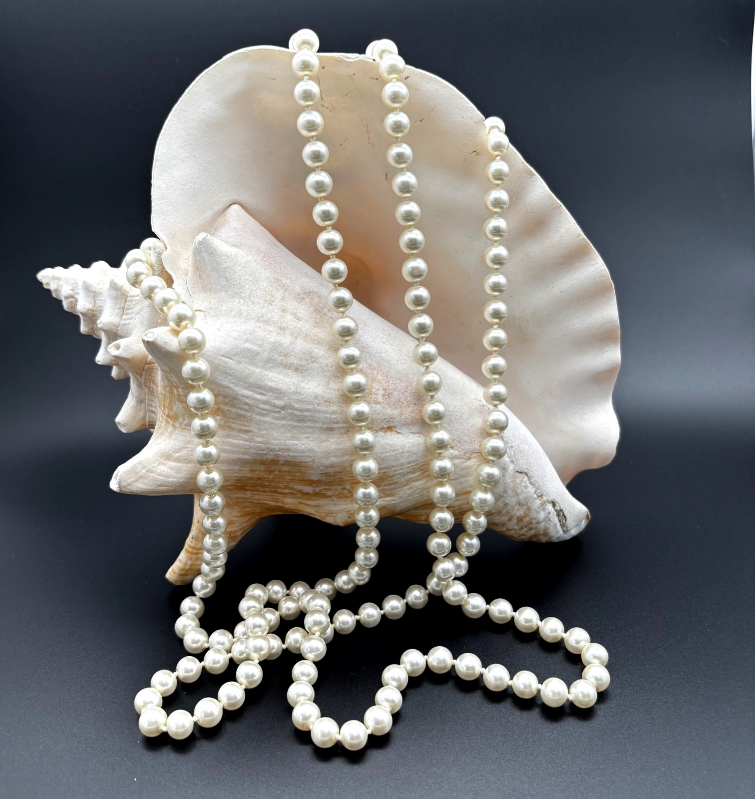 Vintage 60” White Faux Pearl Glass Hand Knotted Beaded Endless Strand Necklace