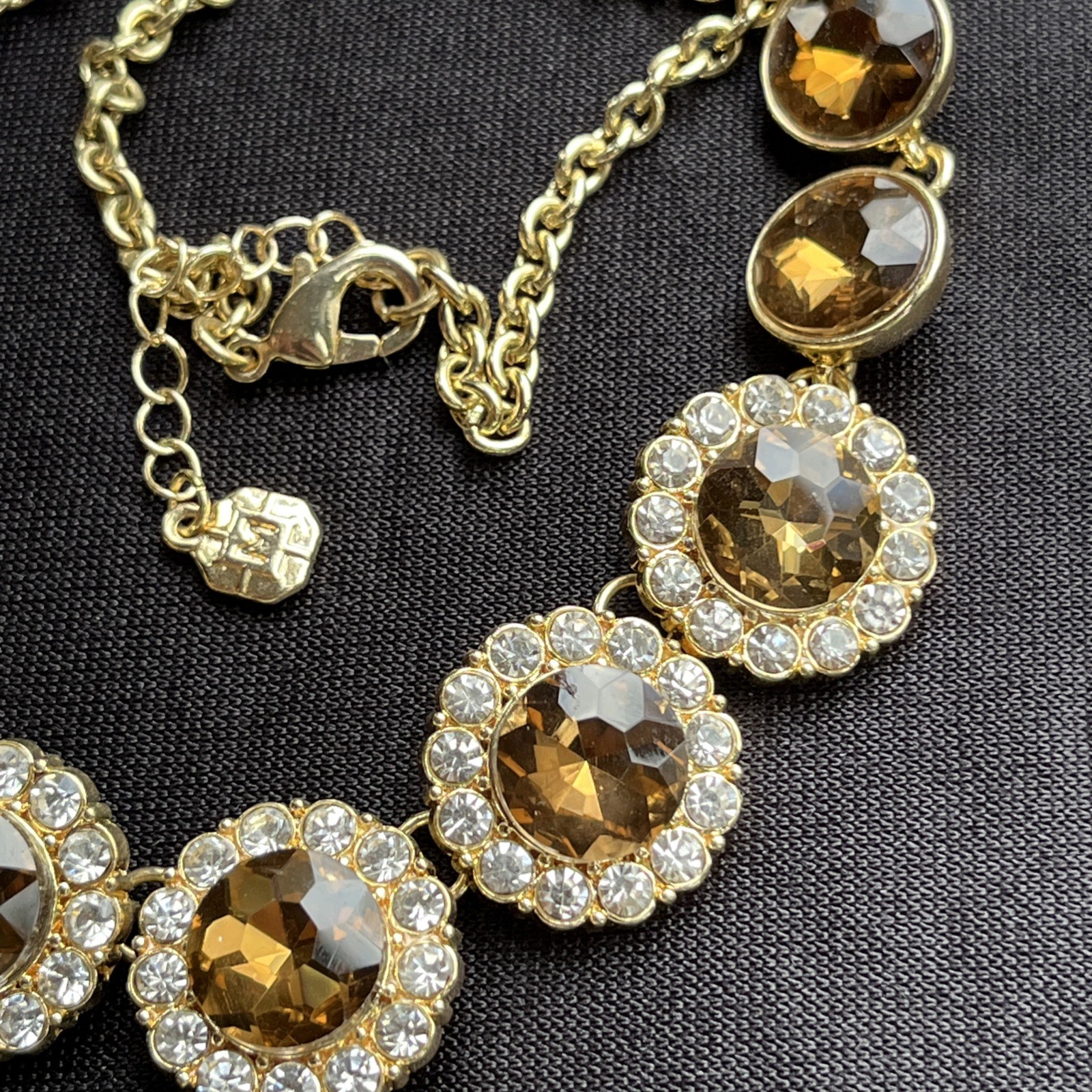 Vintage Monet Faceted Golden Topaz Crystal & Clear Rhinestone Statement Necklace