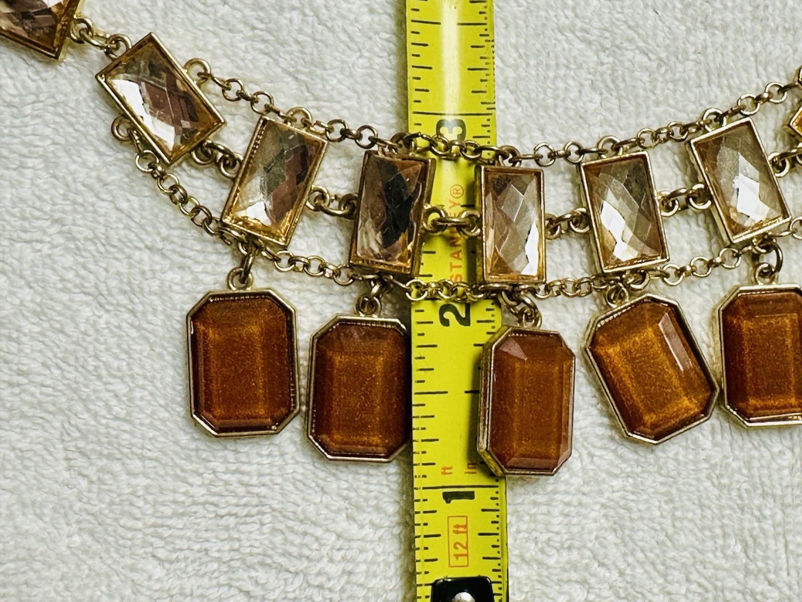 Faceted Rectangle Cabochon Gold Tone Bib Necklace n0153
