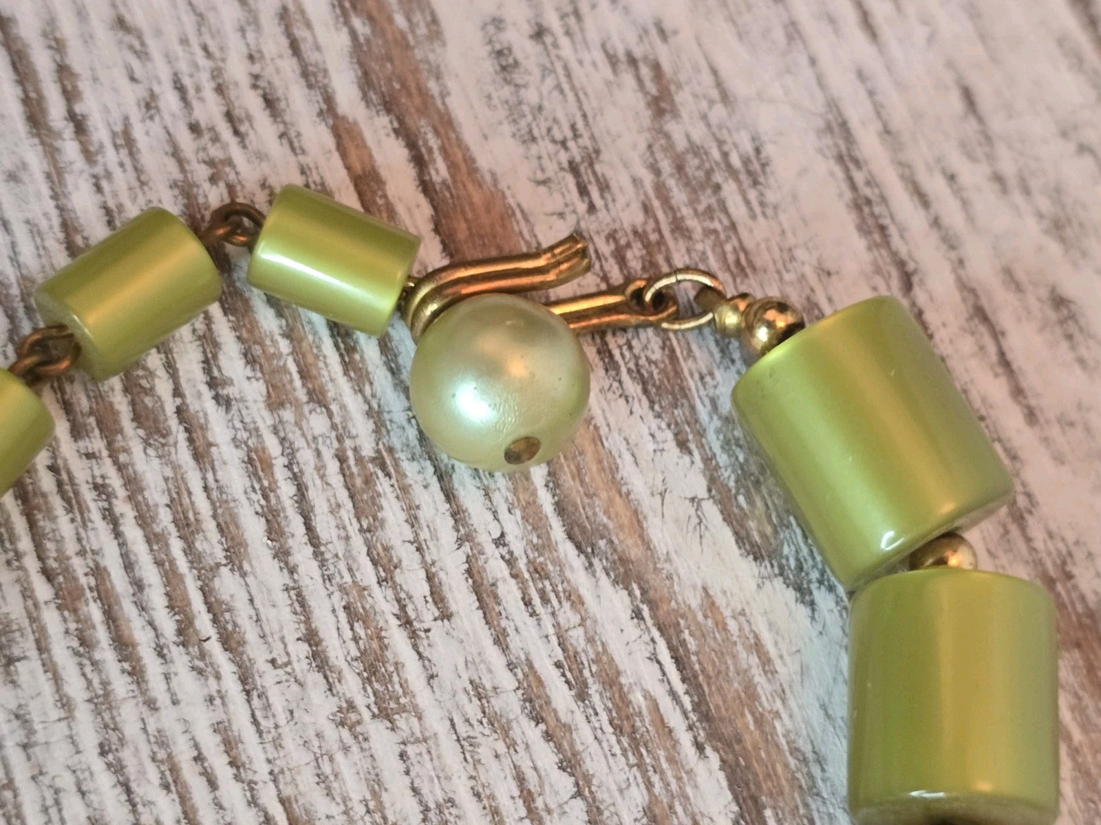 Vintage Lime Green Lucite Necklace Clip Earrings Set Rhinestone Spacer 16″ #450
