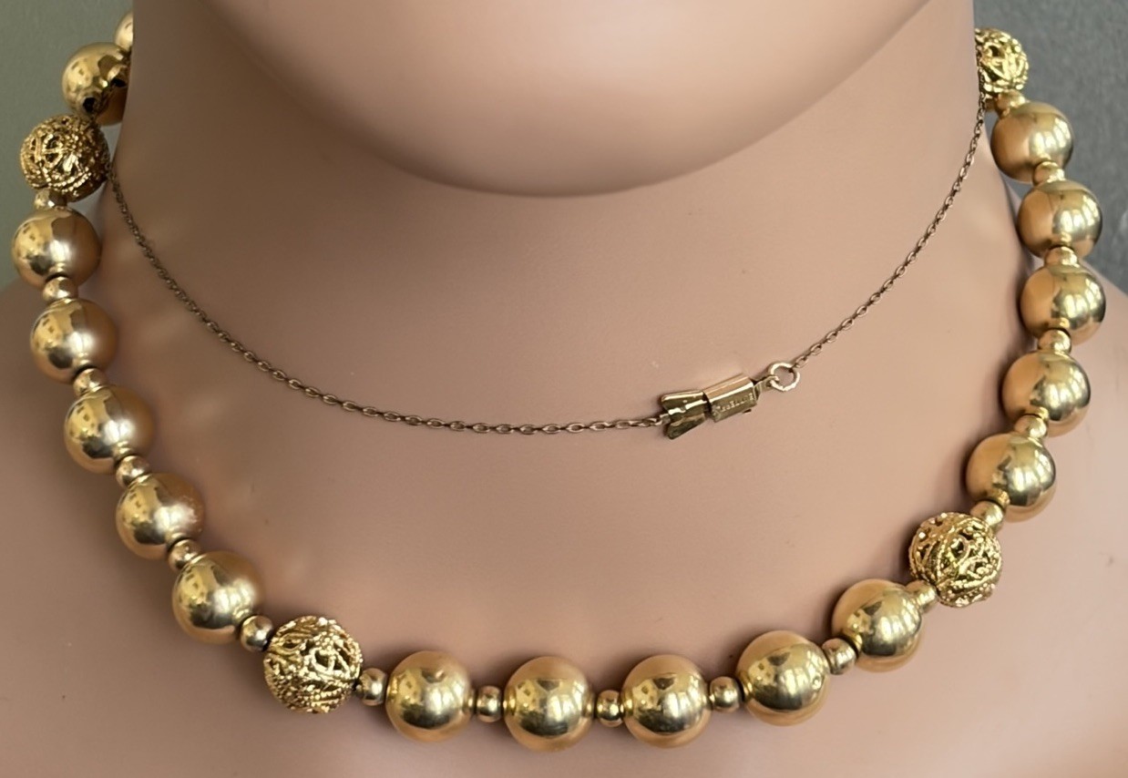 Vintage 14K GF Filigree Gold Ball Necklace Butterfly Clasp 16.5g 16” 1cm Beads