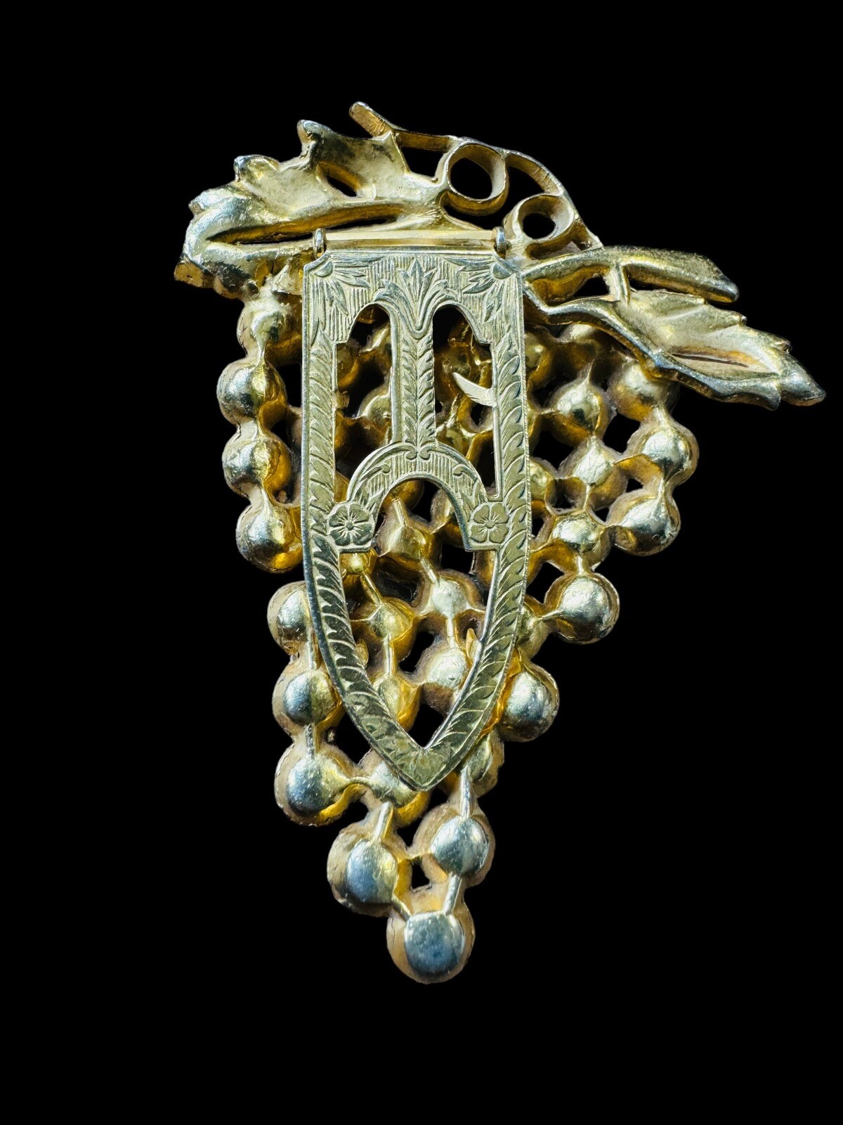 Vintage Aqua Blue Rhinestone Gold Tone Bunch Of Grapes Dress Clip Pot Metal Deco