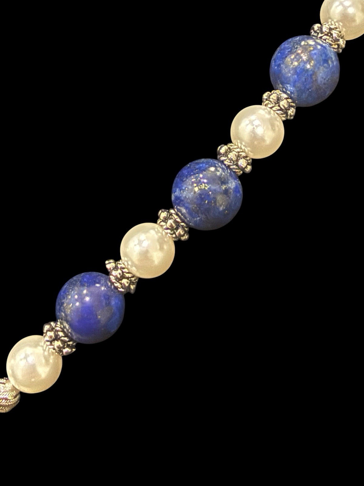 Lapis Sodalite And Faux Pearl Long Beaded Statement Pendant Necklace