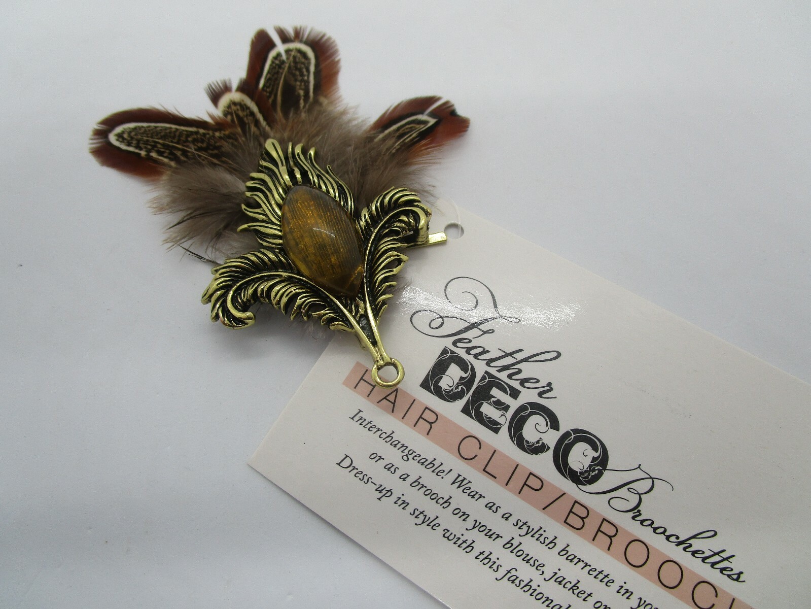 NWT Manual Market Ladies Feather Art Deco Brooch/Hair Clip 2-in-1~ Gold Tone ~