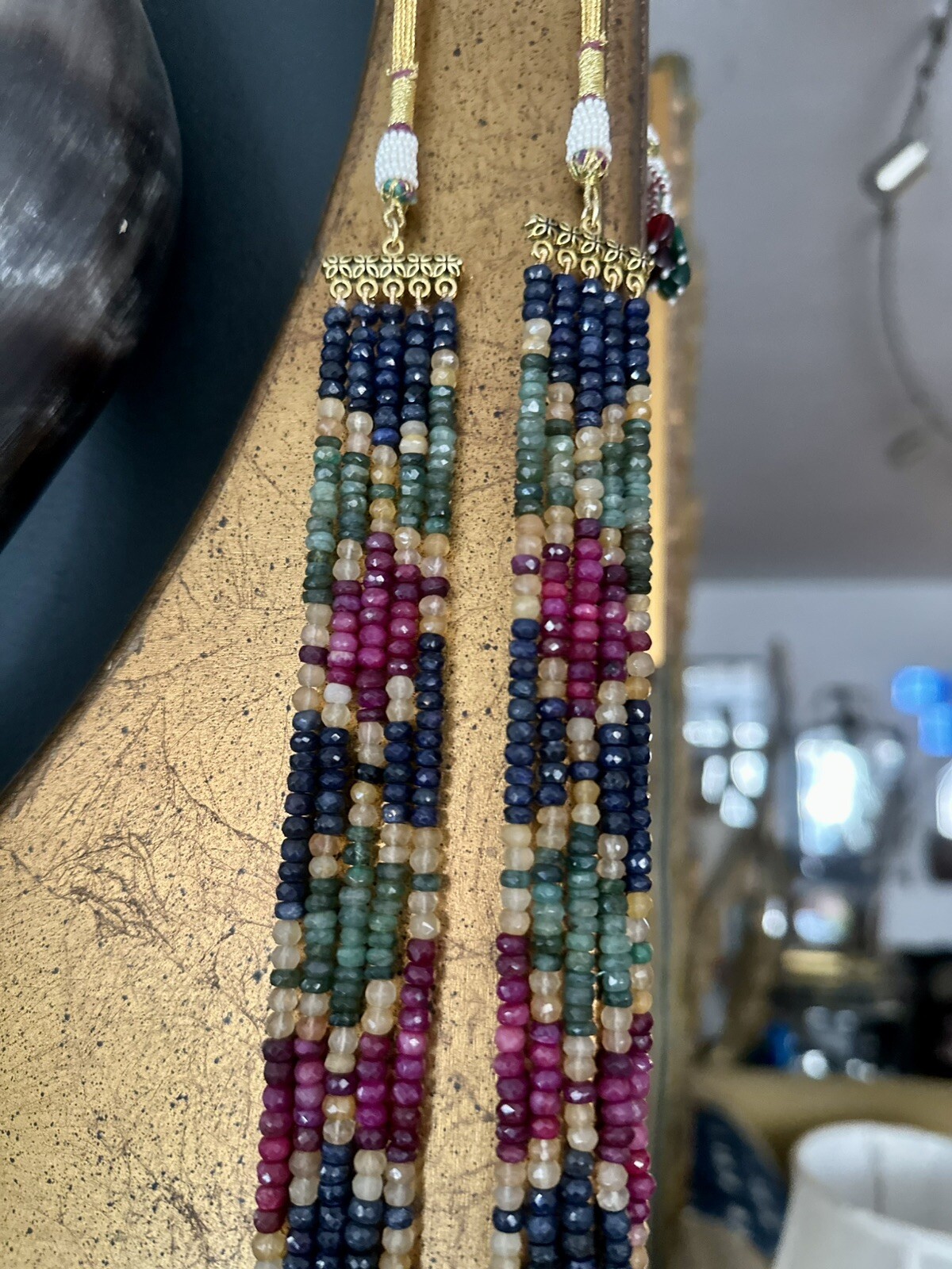 Vtg genuine emerald,sapphire,ruby strings multicolor necklace south western styl
