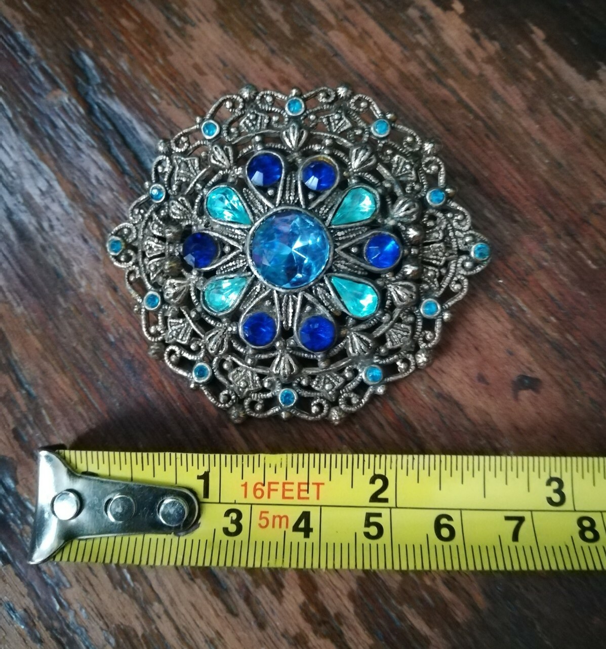 New England Glass Works Antique Brooch Pin Shades of Blue Rhinestones Filigree