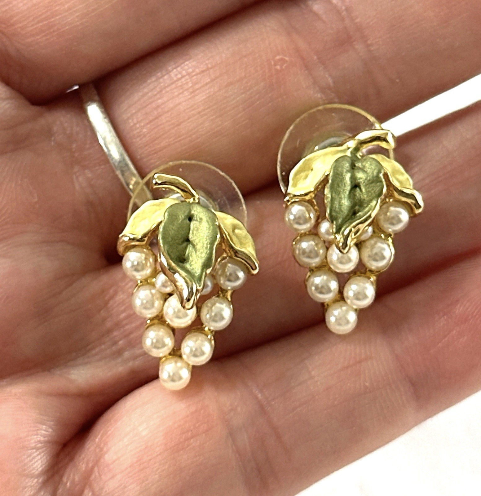 Vintage Faux Pearl Grape Cluster Earrings Gold Tone Green Leaves Stud Earrings