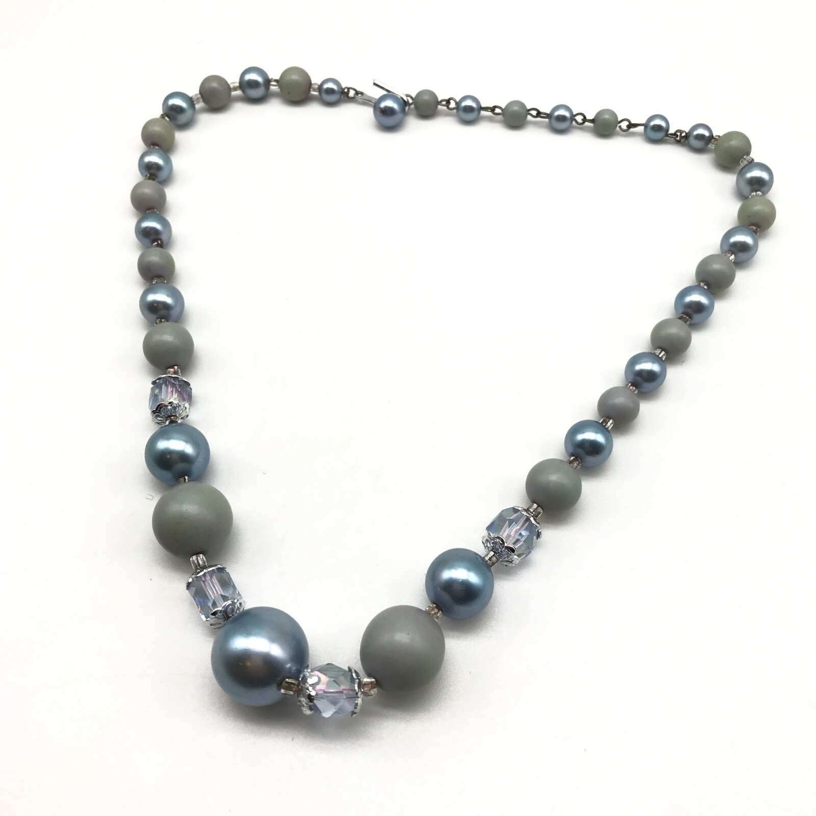Vintage Japan Blue Gray Acrylic & AB Crystal Beaded Strand Necklace