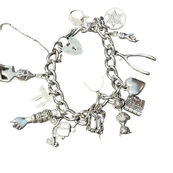 Vintage Charm Bracelet Loaded 14 Charms Sterling Silver