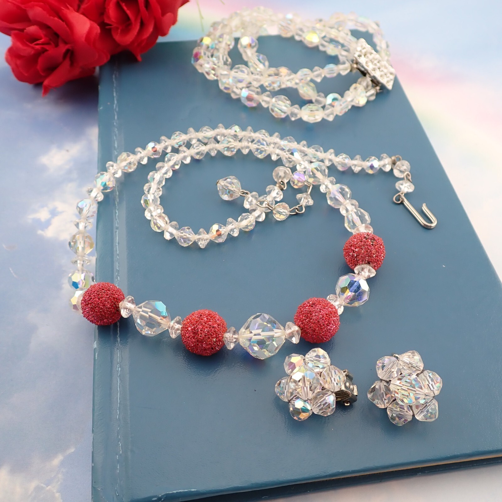 VTG 3 Piece Clear AB Crystal Red Sugar Coat Necklace Bracelet Clip Earrings Set