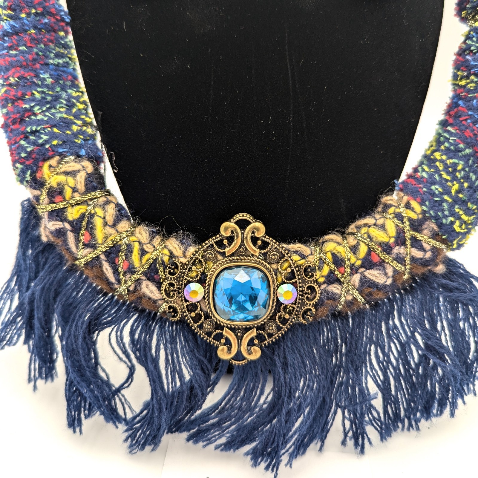 Vintage Victorian Revival Necklace Handmade Fiber Macrame Rhinestone Fringe Stud