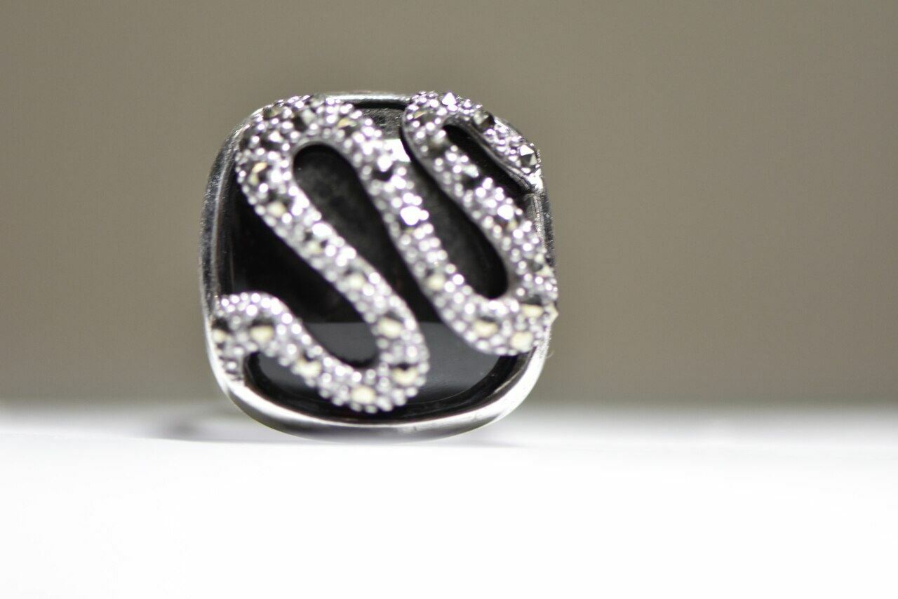 Snake ring onyx marcasites sterling silver women Size 6.75